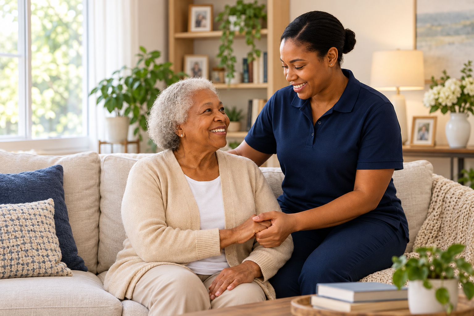 Illustrative image of a caregiver sharing a warm moment with an older adult at home